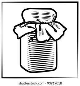Black-white illustration / drawing of a jam-jar which made as engraving technique. Can be used as element for label or as symbol.