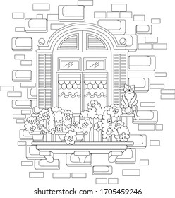 Black-white illustration with floral balcony
