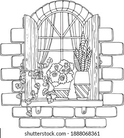 Black-white illustration with floral balcony. Vector illustration for art therapy, coloring, for greeting cards, posters, stickers, design,wallpaper, tatoo.