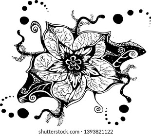 Black-white illustration of a mandala flower with patterns, ornaments, an idea for a tattoo.