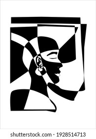 Black-white illustration portrait of an African woman. Vector print.