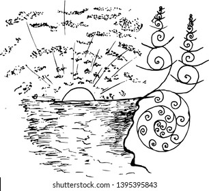 Black-white illustration of the sea water, the sun, the branches of a plant in a pattern.