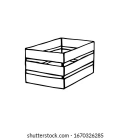 Imagen en blanco y negro de una caja de madera. Ilustración vectorial. Doodle dibujado a mano para diseño, web, iconos, ilustraciones para niños.
