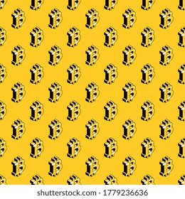 Black-white isometric symbols of cryptocurrency bitcoin seamless pattern on a yellow background. Modern business geometric illustration. Vector eps10