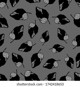 Patrón de hojas blanco-negro sobre un fondo gris. Hojas estilizadas a rayas. Patrón para textil, papel pintado, papel de envoltura.