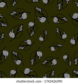 Black-white leaves pattern on a green background. Striped stylized leaves. Pattern for textile, wallpaper, wrapping paper.