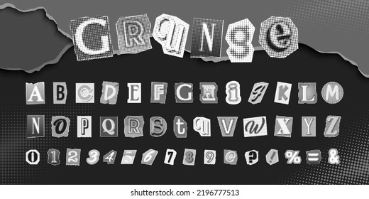 Black-white letters, numbers and punctuation marks cut from newspapers and magazines. Ransom, anonymous or detective font. Collage vector alphabet in trendy style. Vintage elements for your design.