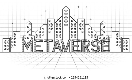 Black-White Line Art Silhouette Metaverse City Skyline Night Backdrop Background Template Synthwave Perspective Grid for Poster, Banner, Printout, Screen, Cover, Productivity.