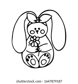 Doodle lineal blanco-negro conejito de Pascua sostiene una flor en sus patas. Dibujo hecho a mano para el diseño de postales, pancartas, habitaciones para niños.