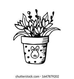 Schwarzweiß-Lineardoodle eines Blumentopfes. Handgezeichnete Feriengrafik für die Gestaltung von Postkarten, Bannern, Kinderzimmern.