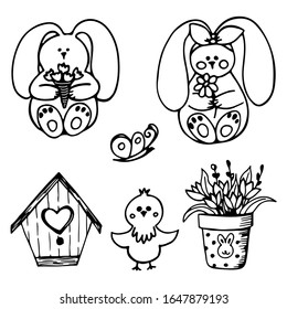 Black-white linear doodle set with Easter bunnies, birdhouse, chicken, butterfly, flower pot. Hand-drawn holiday illustration for the design of postcards, banners, children's rooms.