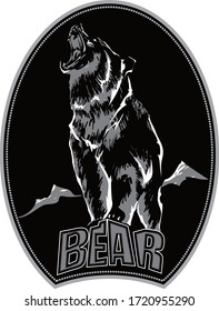 Black-white logo of the emblem of an aggressive, angry bear. Design for t-shirts. Vector image.