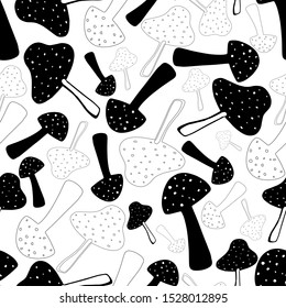 Black-white mushrooms pattern on a white background