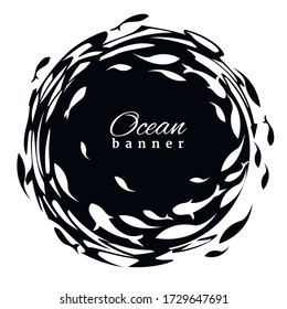 Black-white ocean banner. Fish label design template. Fish logo design  for fish merchant or seafood restaurant. Vector illustration.