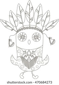 Black-white owl with ethnic indian jewelry for coloring page, anti stress, vector illustration