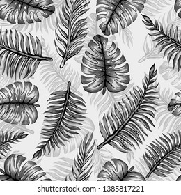 Black-white pattern illustration of tropical leaves of palm trees and monstera with a paint effect