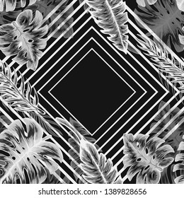 Black-white pattern illustration of tropical leaves of palm trees and monstera with a paint effect