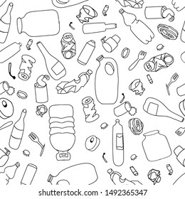 Black-white picture of the outline items illustrated the garbage problem and environmental pollution. Can be use as seamless pattern for background