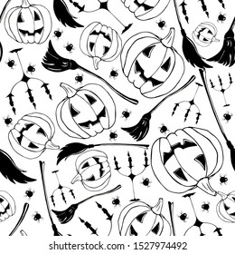 Black-white pumpkin, broom, candlestick, spider. Black and white halloween pattern