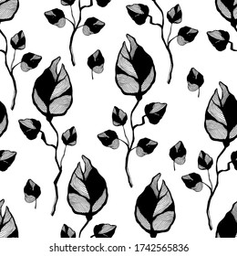 Black-white rose flowers with leaves pattern. Pattern for wallpaper, textile, wrapping paper.
