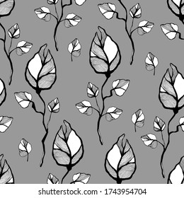 Black-white rose flowers with leaves pattern. Pattern for wallpaper, textile, wrapping paper. Grey background