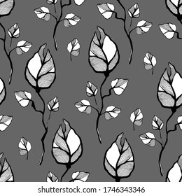 Flores rosadas blanco-negro con patrón de hojas. Patrón para papel pintado, textil, papel de envoltura. Fondo gris