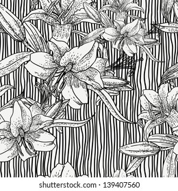Black-white seamless background with lilies in vintage style on a striped background