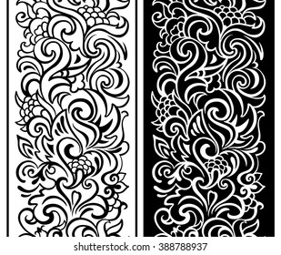 Black-white seamless border. Wide vertical pattern. Exquisite scrolls, leaves, flowers, berries. Fashionable zentangle ornament for postcards, stickers, fabric, garnment. Good for coloring. Hand drawn