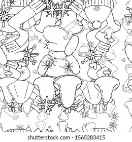 Black-white seamless pattern. Bells, snowflakes, hat, mittens and scarf.