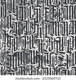 Black-white seamless pattern of Gothic letters. Repeating grunge background with medieval Latin letters. Vector texture of english alphabet letters. Wallpaper, wrapping paper, fabric