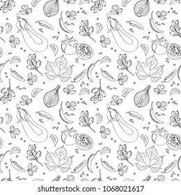 Black-white seamless pattern Ingredients of the Middle East cuisine on white background