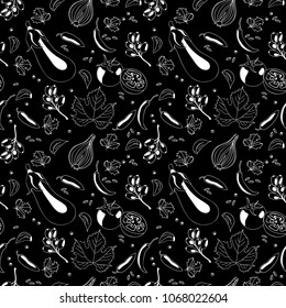 Black-white seamless pattern Ingredients of the Middle East cuisine on black background