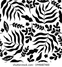 Black-white seamless pattern with leaves. Vector graphics.