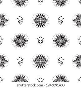 Black-white Seamless pattern with lotuses in Simple style. Good for clothing, textiles, backgrounds and prints. Vector 
