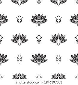 Black-white Seamless pattern with lotuses in Simple style. Good for backgrounds and prints. Vector illustration.