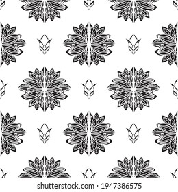Black-white Seamless pattern with lotuses in Simple style. Good for backgrounds, prints, apparel and textiles. Vector 