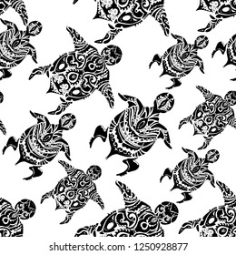 black-white seamless pattern with Maori turtles, hand-drawing, vector eps 10
