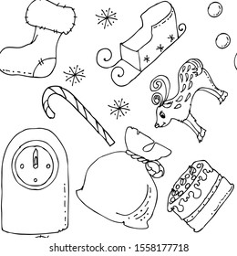 Black-white seamless pattern. New Year's gifts. Deer, sleigh, staff, sock. Cake and clock. Snowflakes.
