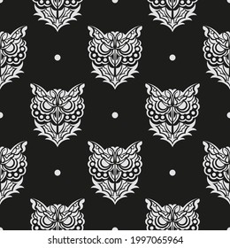 Schwarz-weiß Nahtlose Muster Eule Gesicht im Boho-Stil. Gut für Bekleidung und Textilien. Vektorgrafik