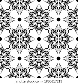 Black-white seamless pattern with vintage ornaments. Good for backgrounds, prints, apparel and textiles. Vector illustration.