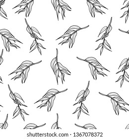 Black-white seamless pattern, willow tree branches randomly arranged