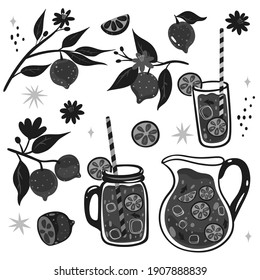 Black-white set of lemons and lemonade. Vector graphics.