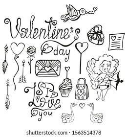 Black-white set for Valentine's Day. The inscription "I love you", Cupid, arrows, rose, cake, postcard, swans and a bird with a heart, envelope, balloon, gift box and bag. Vector. Isolated doodles.