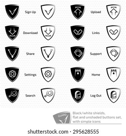 Black/white shields, flat and unshaded buttons set of simple icons, vector