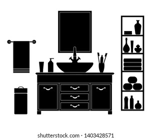 Black-white silhouette of the washroom with sink and accessories. Vector illustration of the toilet room.