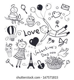 Black-white sketch valentines day vector set, doodle illustration