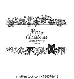 Black-white snowflake frame, decoration on white background, Christmas design for invitation, greeting card or postcard. Vector illustration, merry xmas snow flake framework