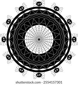 Black-white spider mandala art round design with spider insect.