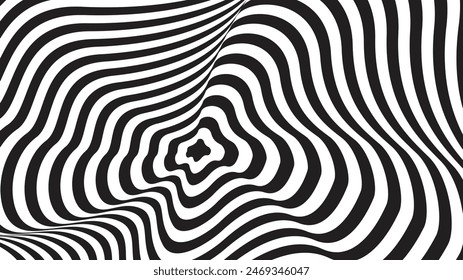 Black-white striped lines nirmana, op art, optical illusion. Psychedelic abstract background with hypnotic pattern. Modern minimalist design texture.