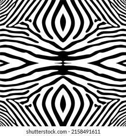 Patrón de motivos de rayas blanco-negro inspirado en cebra. Decoración de interiores, exteriores, alfombras, textiles, prendas de vestir, tela, seda, mosaico, plástico, papel, envuelto, tapicería, almohada, fondo, etc.